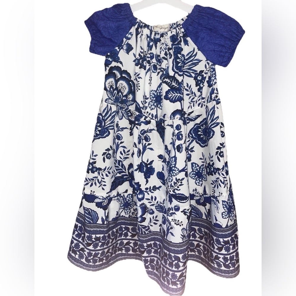 Grayce Girls A-Line Blue White Floral Dress Short Sleeve Ruffle Size 8 Hand Made